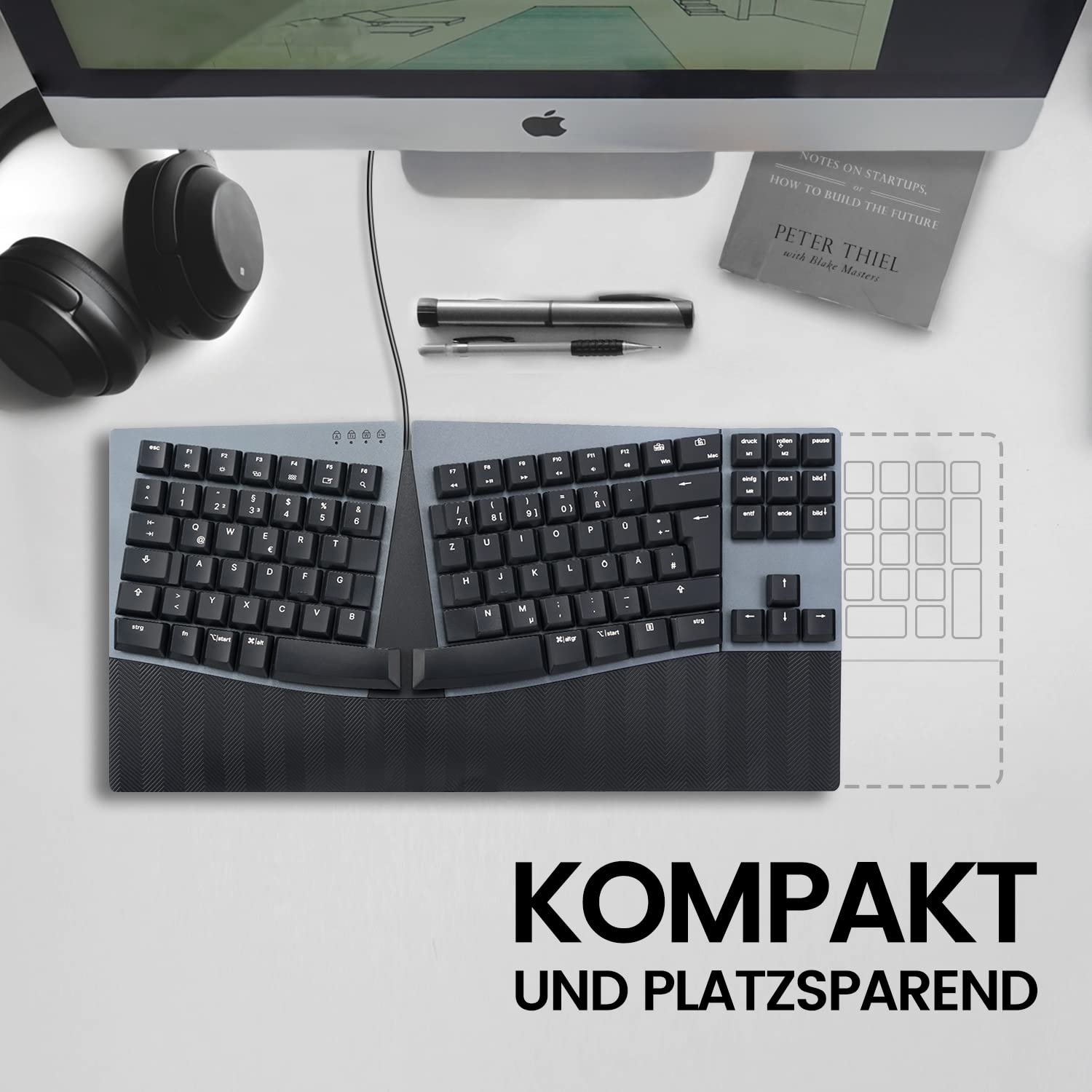 Perixx PERIBOARD-335RD DE, przewodowa, ergonomiczna klawiatura mechaniczna – Low-Profile Red Linear Switches – programowalna funkcja – kompatybilna z Windows i Mac OS X – niemiecki QWERTZ