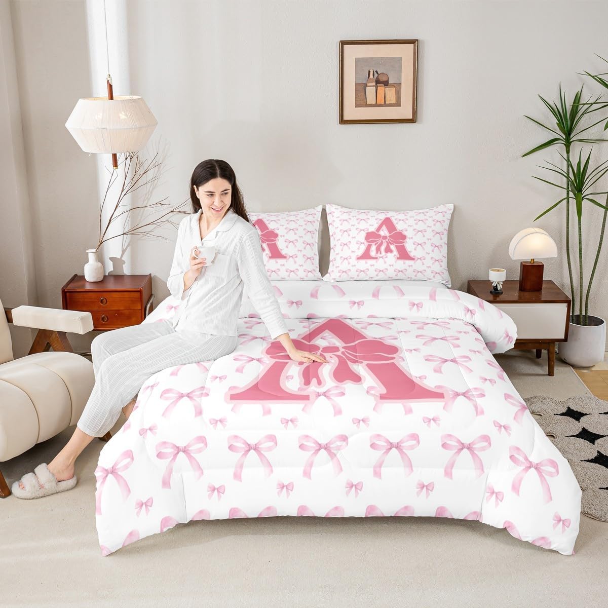 Feelyou Pink Bowknot Comforter Set All Season Initial A Bedding Set with 2 Pillow Cases Coquette Bows Microfiber Kids Full Bedclothes Monogrammed Bedroom Decor Duvet Quilt Breathable Soft Lightweight