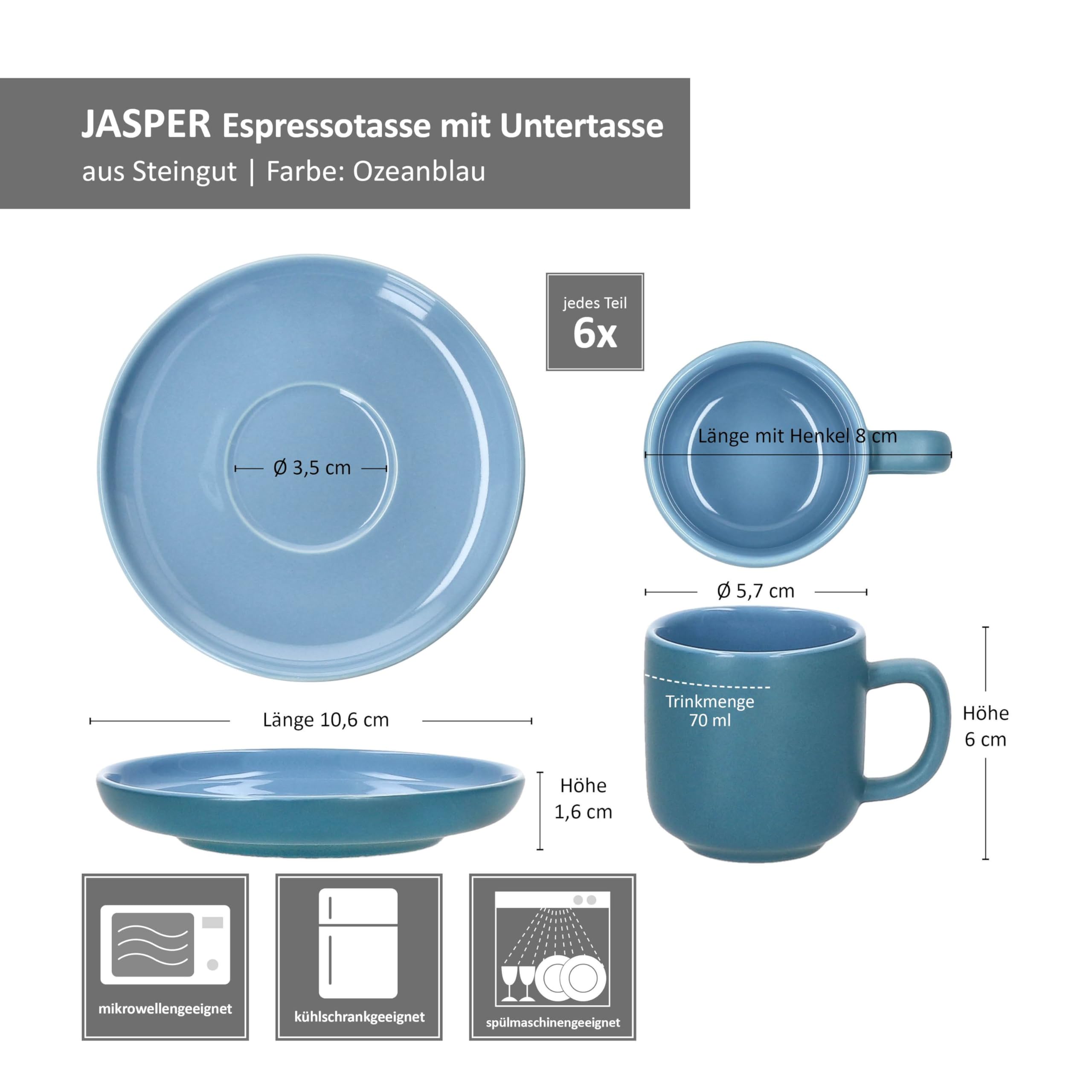 Ritzenhoff & Breker Jasper - Set di 6 tazze da caffè con piattini blu oceano, per 6 persone, in gres, per colazione e caffè, 6 tazze piccole da 70 ml, altezza 6 cm e piattini
