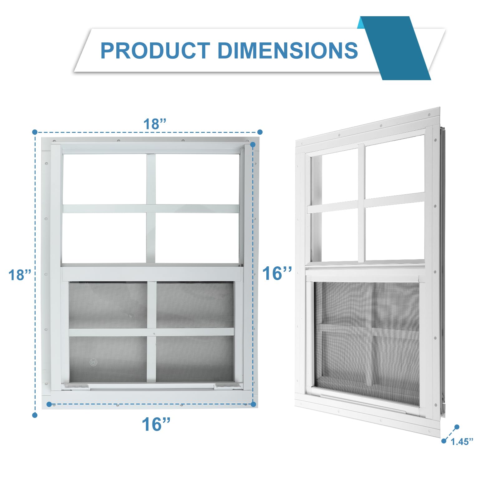 Ventana de cobertizo de 16 pulgadas de ancho x 16 pulgadas de alto, ventana deslizante, montaje empotrado de aluminio blanco con vidrio templado y pantalla de acero inoxidable, ventana de casa