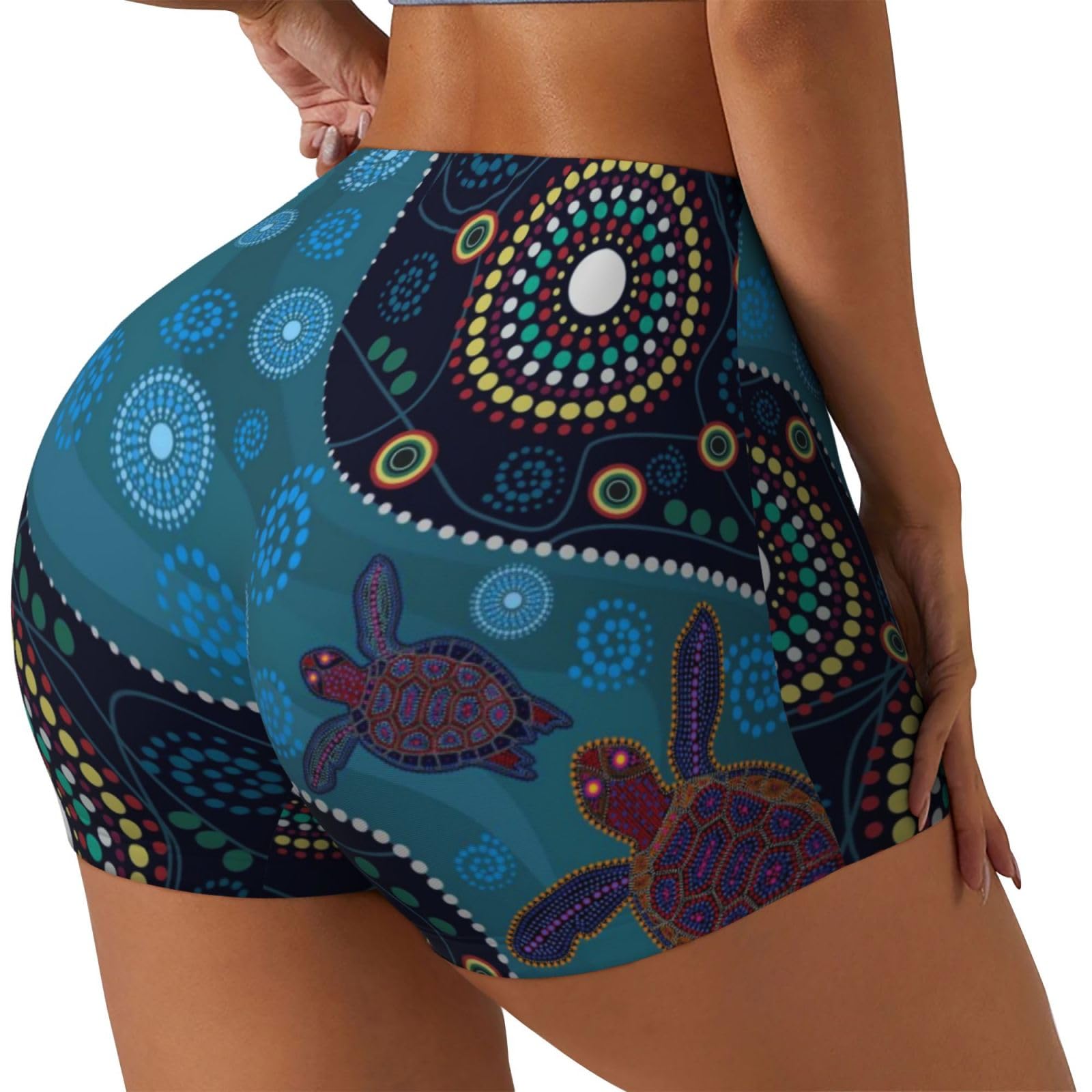 Oudrspo Bohemian Turtle Print Women's Workout Shorts,Athletic Shorts for Running,Yoga,Gym