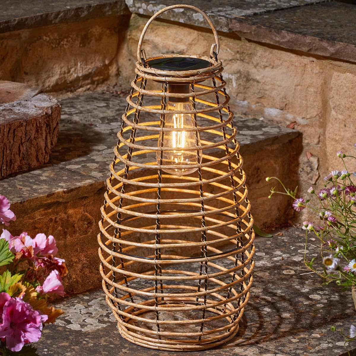 Festive Lights - 38cm Brown Venus Solar Power Garden Lantern with Warm White Filament Style LED Bulb – Outdoor Rattan Effect Light, IP44 Weather Resistant – Decorative Feature for Tables or Pergolas