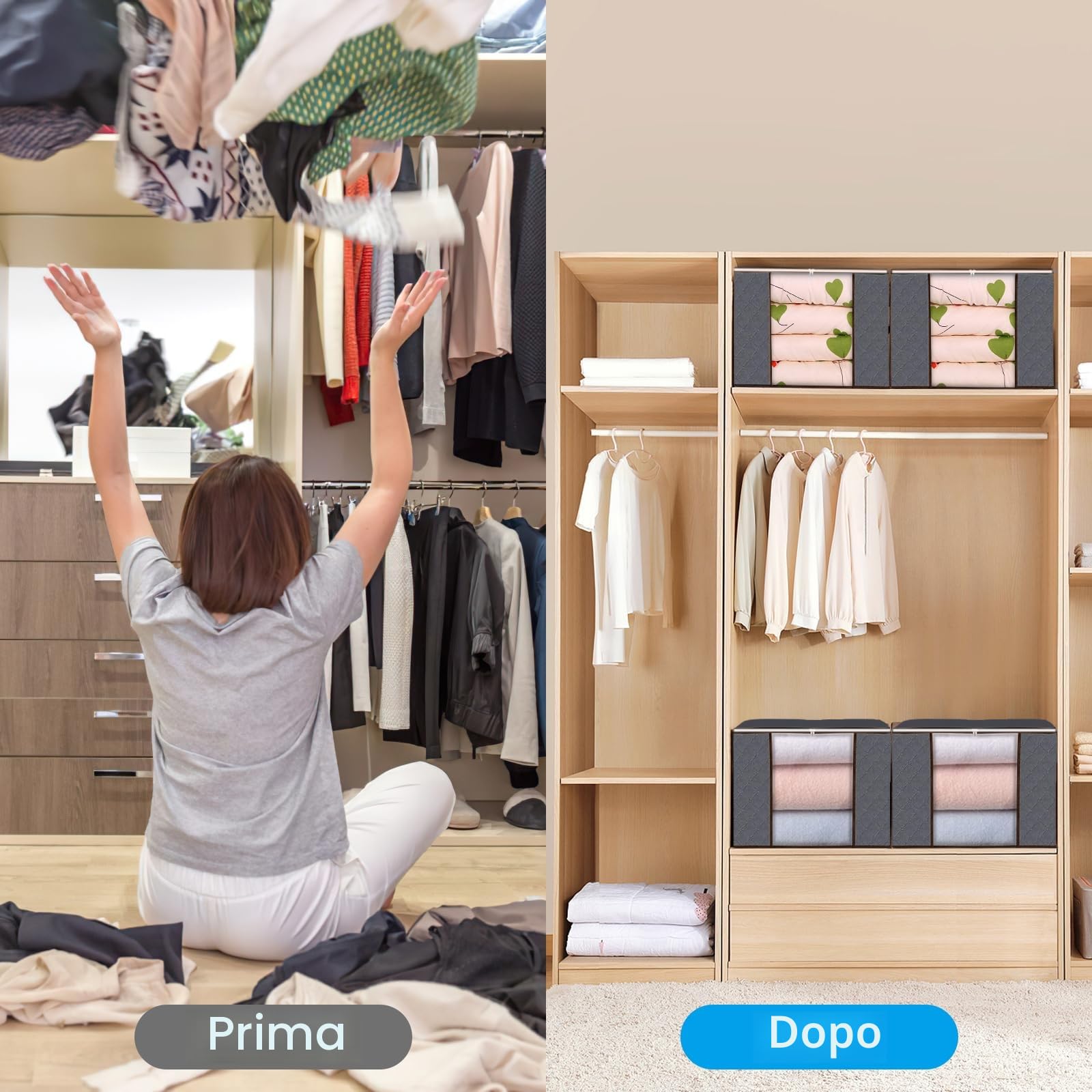 Collazoey 6 pezzi Scatole per Armadio,90L scatole portaoggetti pieghevoli, contenitori portaoggetti per organizzare camere da letto, armadi, vestiti, trapunte, con coperchio e maniglia, grigio
