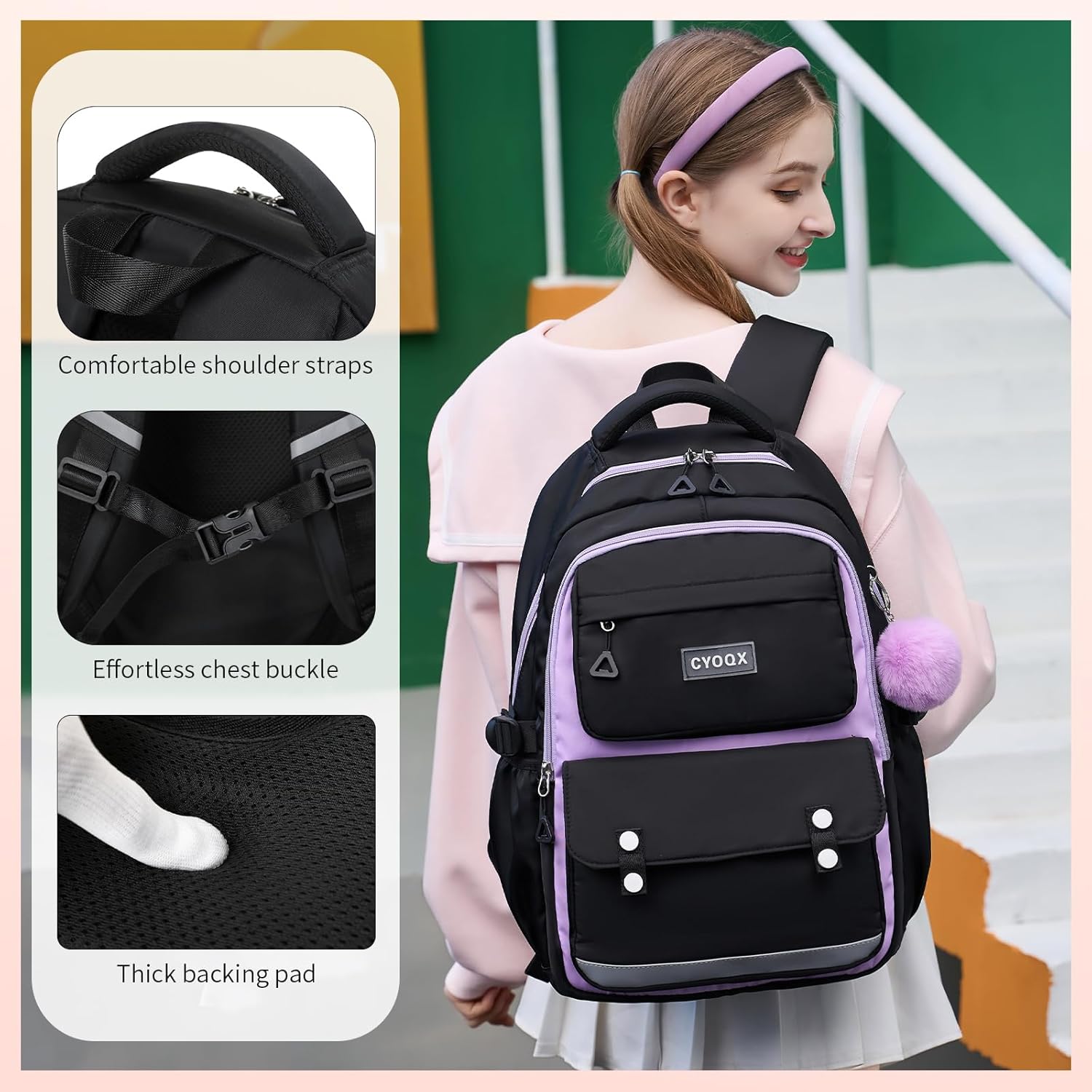 School Backpack for Girls Cute Backpack Elementary Middle School High School Teenage Girls Schoolbag (Black Purple) - Image 5