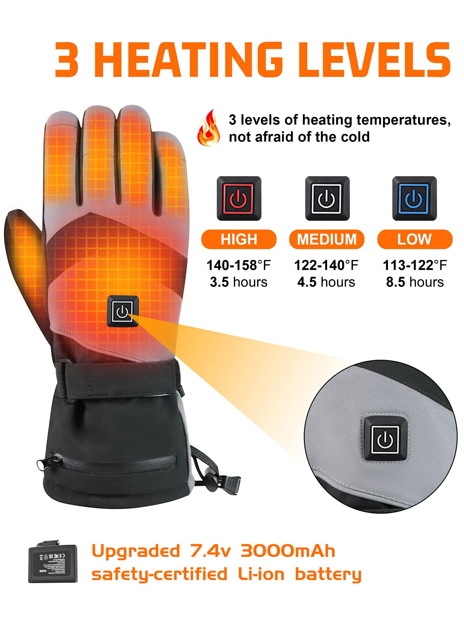 Beheizbare Handschuhe, 7.4V 3000mAh Beheizte Handschuhe für Damen Herren, wasserdichte Winddicht Touchscreen Beheizbare Motorradhandschuhe für Outdoor Wandern Motorrad Camping