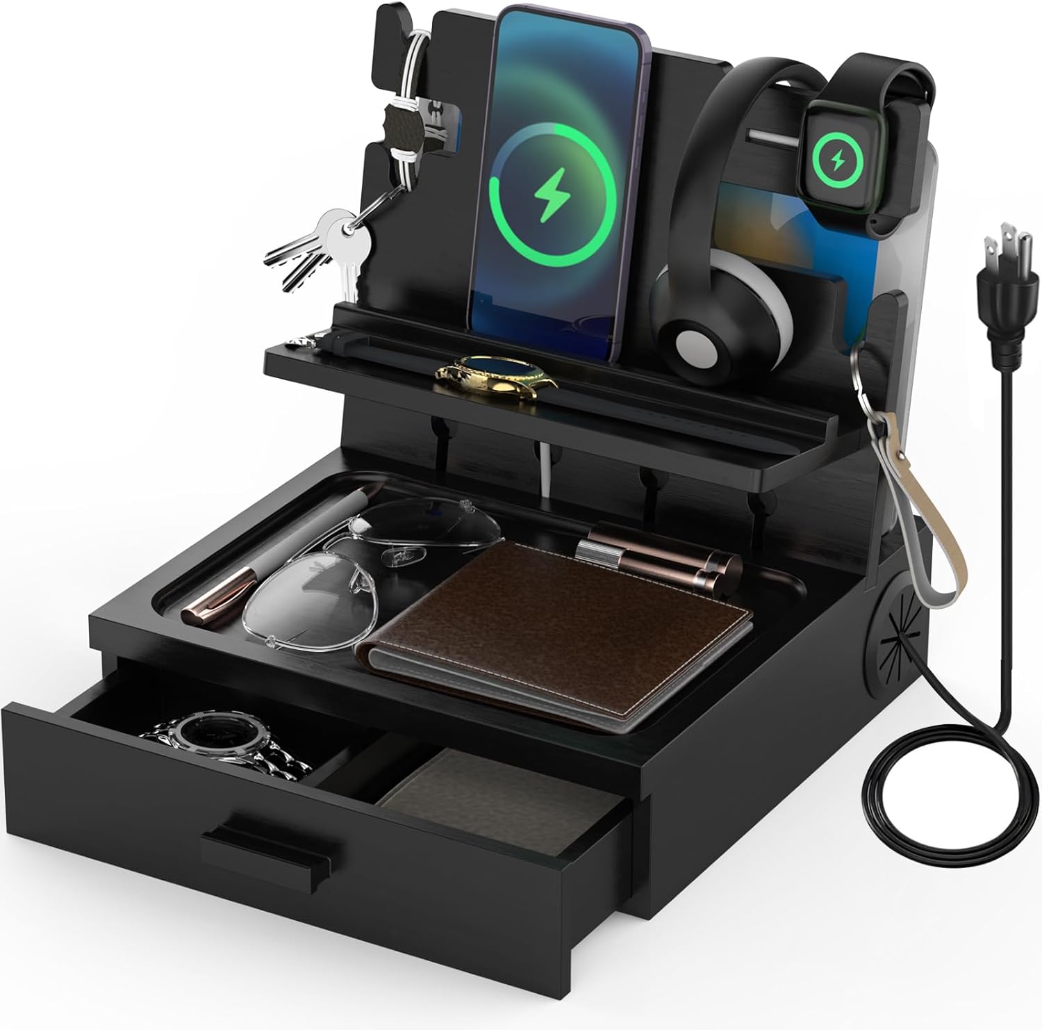 Nightstand Organizer with Charging Station, Wood Docking Station with USB Ports and Outlets, Gifts for Men, Bedside Holder with Drawer for Kindle,Phone,Key, Watch & Accessories (Classic Black)