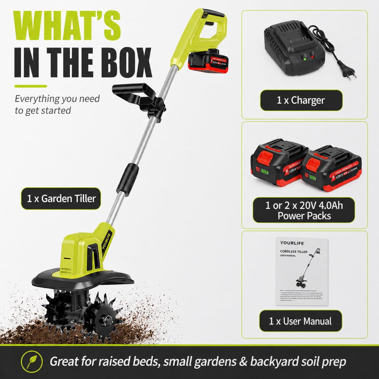 Cultivador Manual para Jardinería, Motoazada Eléctrica Inalámbrica con 4 Dientes de Acero, Ancho de 25 cm, Profundidad de 22 cm, Rotocultivador Ligero para Preparación y Aireación del Suelo