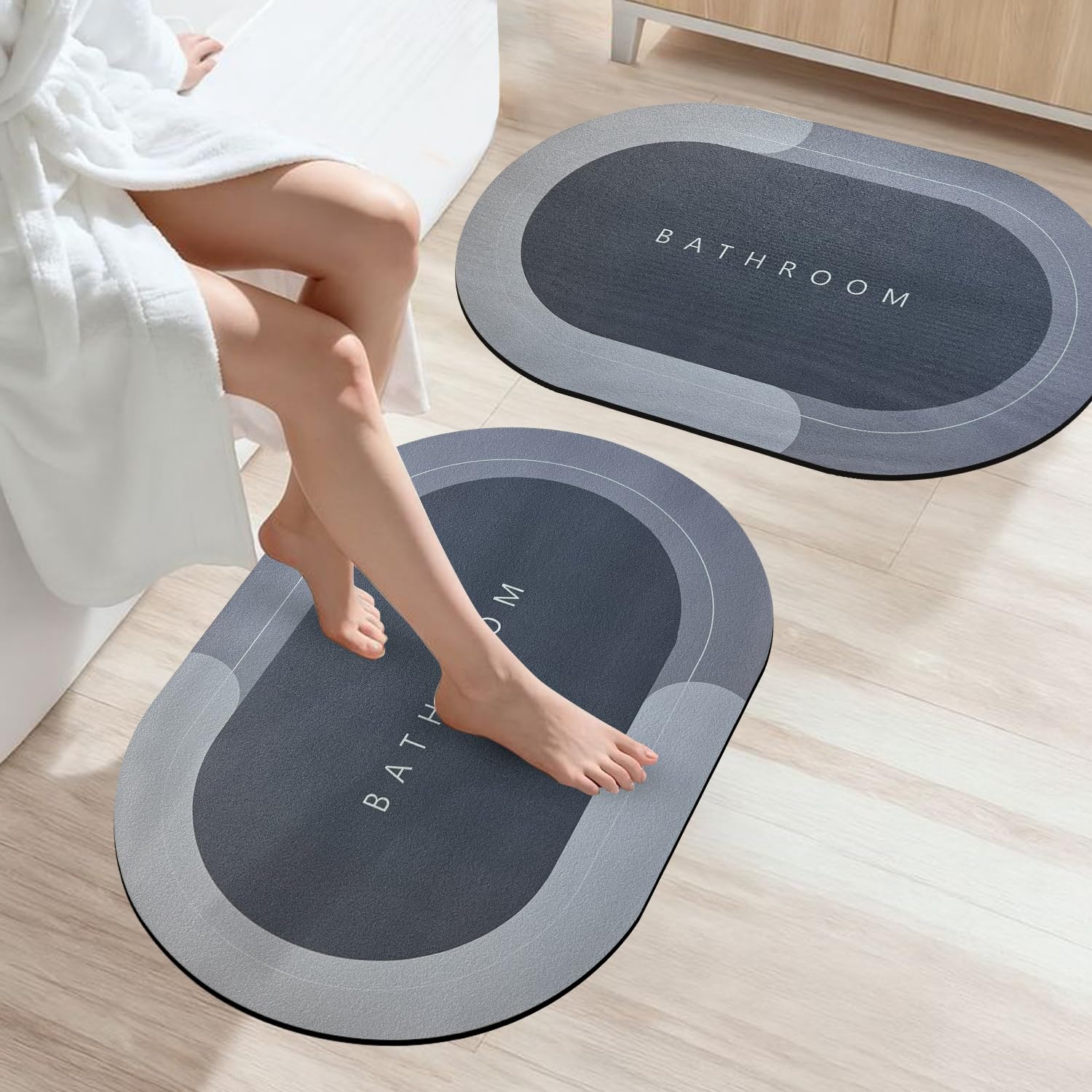 SITTELLA Rubber 3 Pieces (3.5Mm) Anti-Skid Water Soaking Bathroom Print Oval Door Mat, Water Absorbent Mat (40X60Cm) Grey