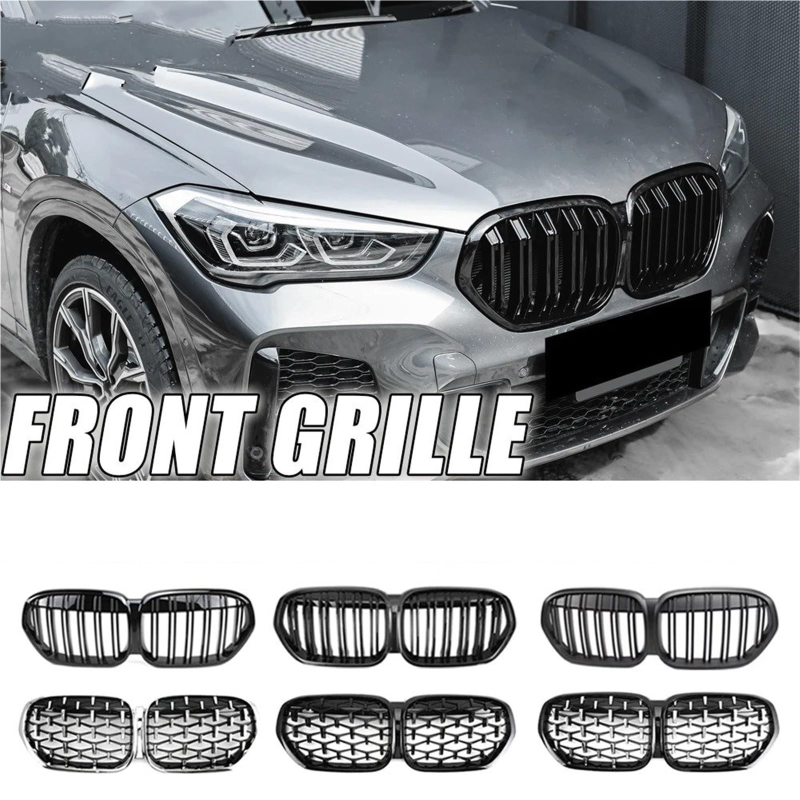 Griglia doppio ponte Per BMW X1 F48 LCI 2020 2021 2022 Griglie Superiori Stile All Black Diamonds Anteriori Da Corsa Doppia Linea Effetto Fibra Di Carbonio(Single-Glossy Black)