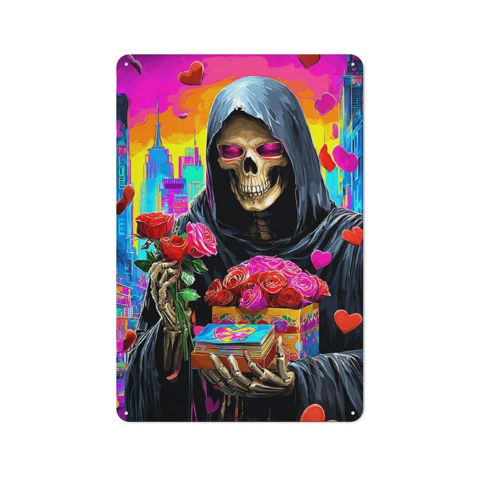 Junmoney Valentine's Day Grim Reaper With Flowers Retro Metal Sign 30X20cm Featuring Home Bar Decor For Pub, Home Bar, Shed Or Man Cave