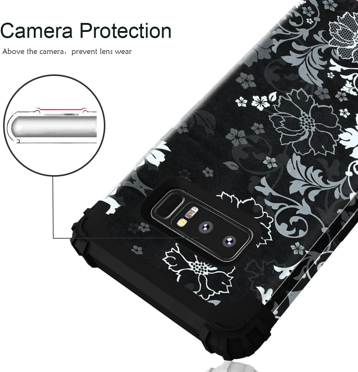 Galaxy Note 8 Case, Hocase Shockproof Heavy Duty Hybrid Silicone Rubber Bumper+Hard Shell Full Body Protective Phone Case w/Classic Flower Print for Samsung Galaxy Note 8 (2017) - Black