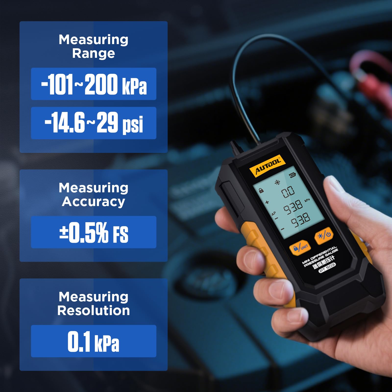 AUTOOL Manomètre de Pression de Gaz, PT503 Manomètre de Digital Numérique Manomètre Différentiel HVAC, ±0.5% FSO Précision, 101Kpa~200Kpa, écran LCD Rétroéclairé
