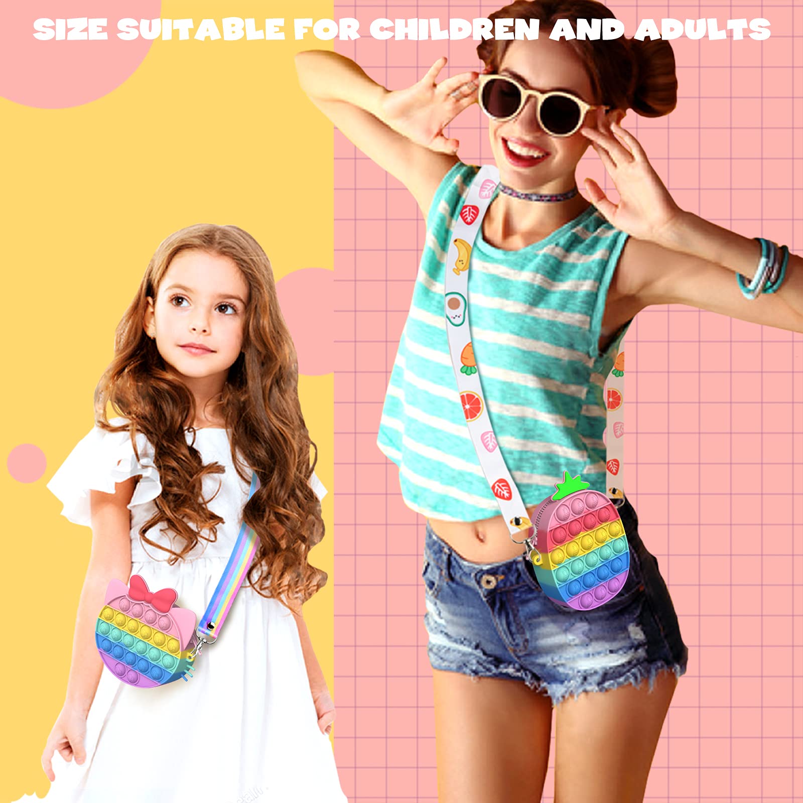 Pop Push it Bag, YOINGO Poppet Bag Purse, 2 in 1 Popit Bag Fidget Toy Messenger Bag with Adjustable Shoulder Strap Length, Anti Stress Silicone Push Bubble Handbags for Kids and Adults(Cat)