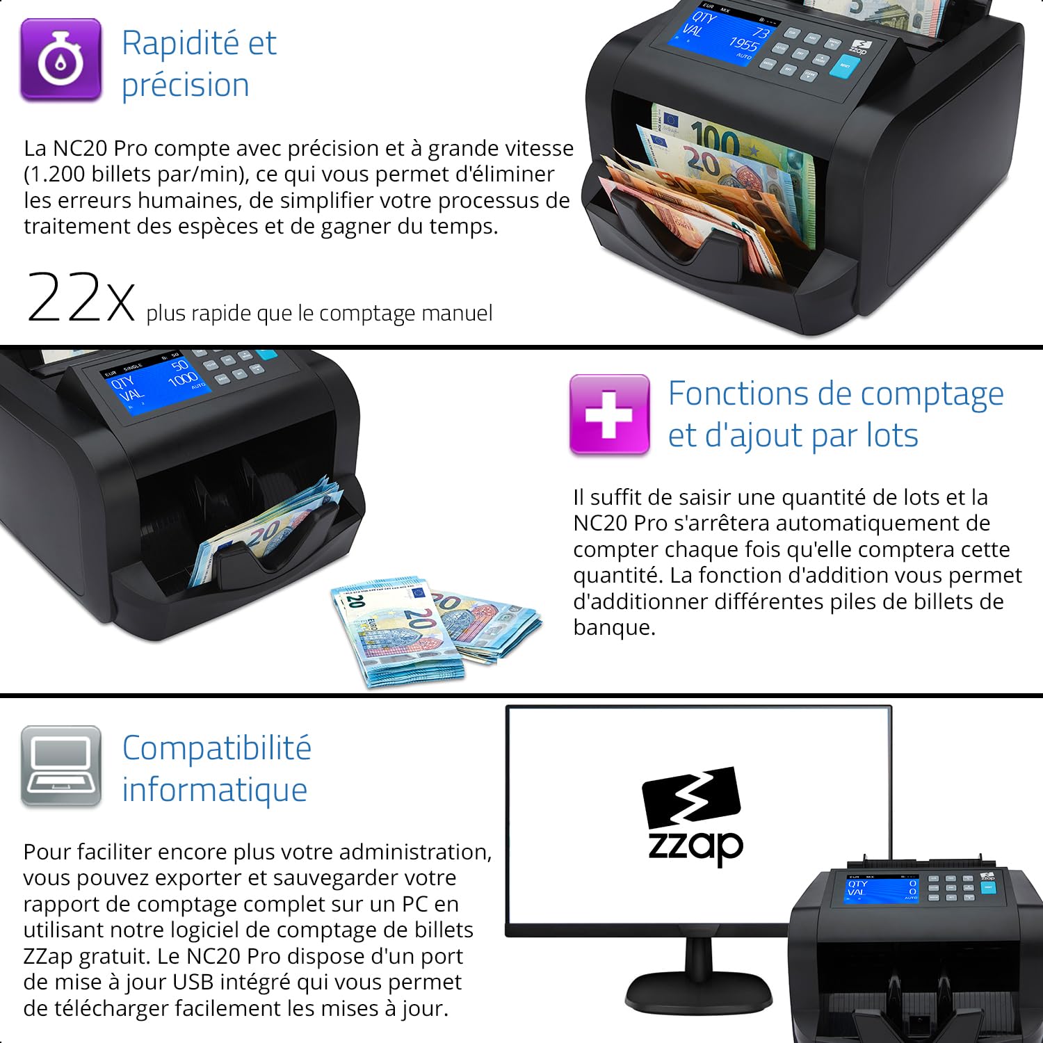 ZZap NC20 Pro Compteur de billets pour coupures mixtes & détecteur de faux billets – Machine à compter les billets, compteur de billets bancaires, compteur de valeur