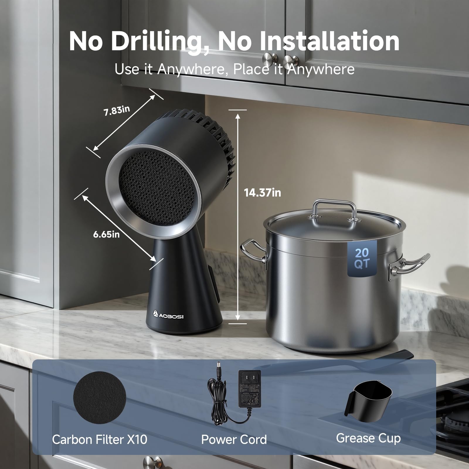 AAOBOSI Campana extractora portátil, campana extractora de escritorio con calibre más grande, extractor de cocina de 3 velocidades, bajo ruido, taza de recogida de aceite, 10 filtros de aire y aceite