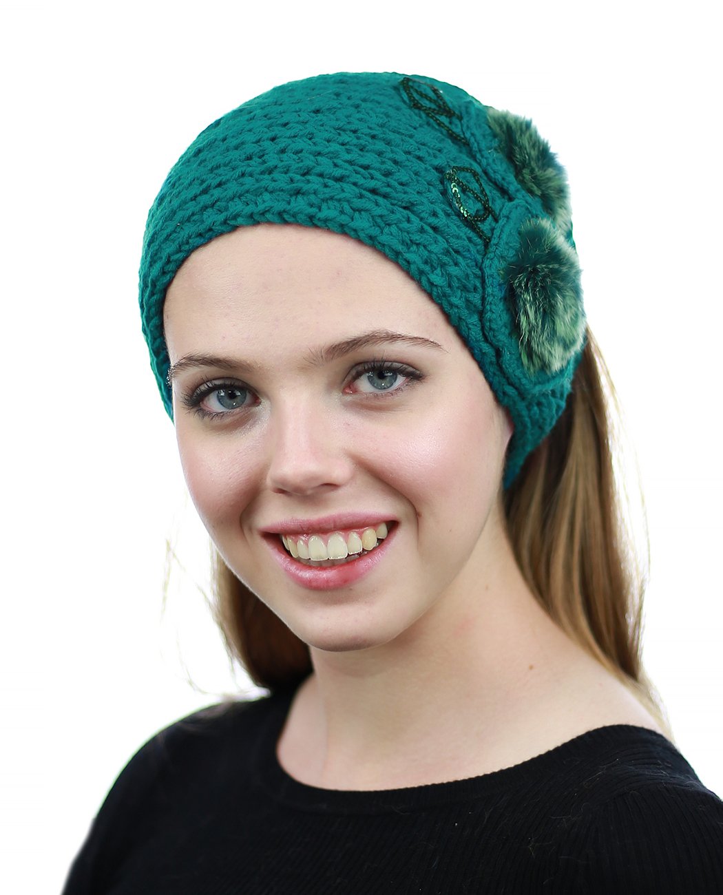 NYFASHION101 Hand Knitted Furry Flowers Winter Headband Headwrap, Seagreen