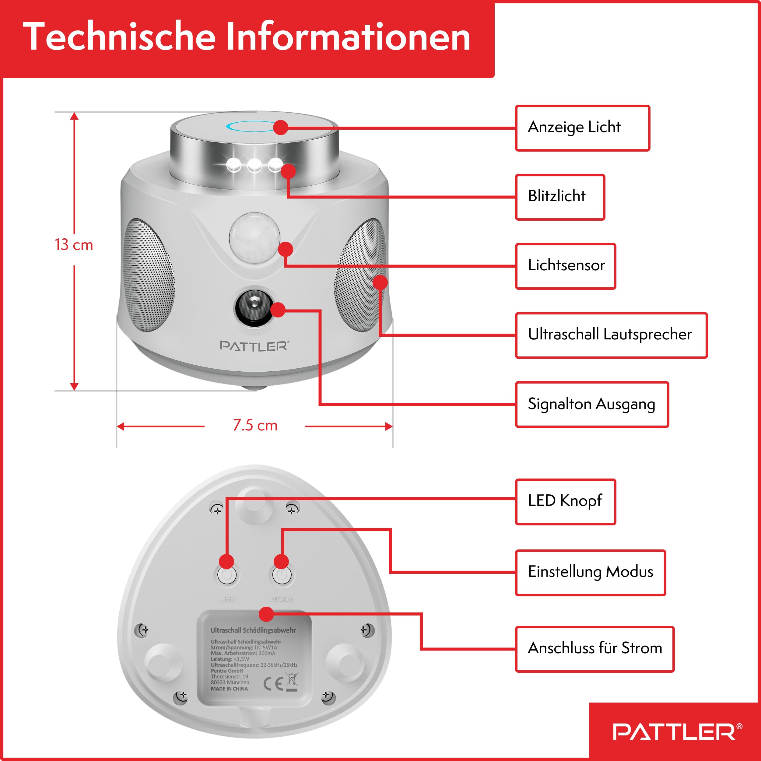 PATTLER® 360° Ultraschall Mäuseabwehr & Rattenabwehr – Mäuse vertreiben und Ratten vertreiben ohne Gift – Mäusevertreiber mit Ultraschall gegen Mäuse und Ratten für Haus, Keller, Garage