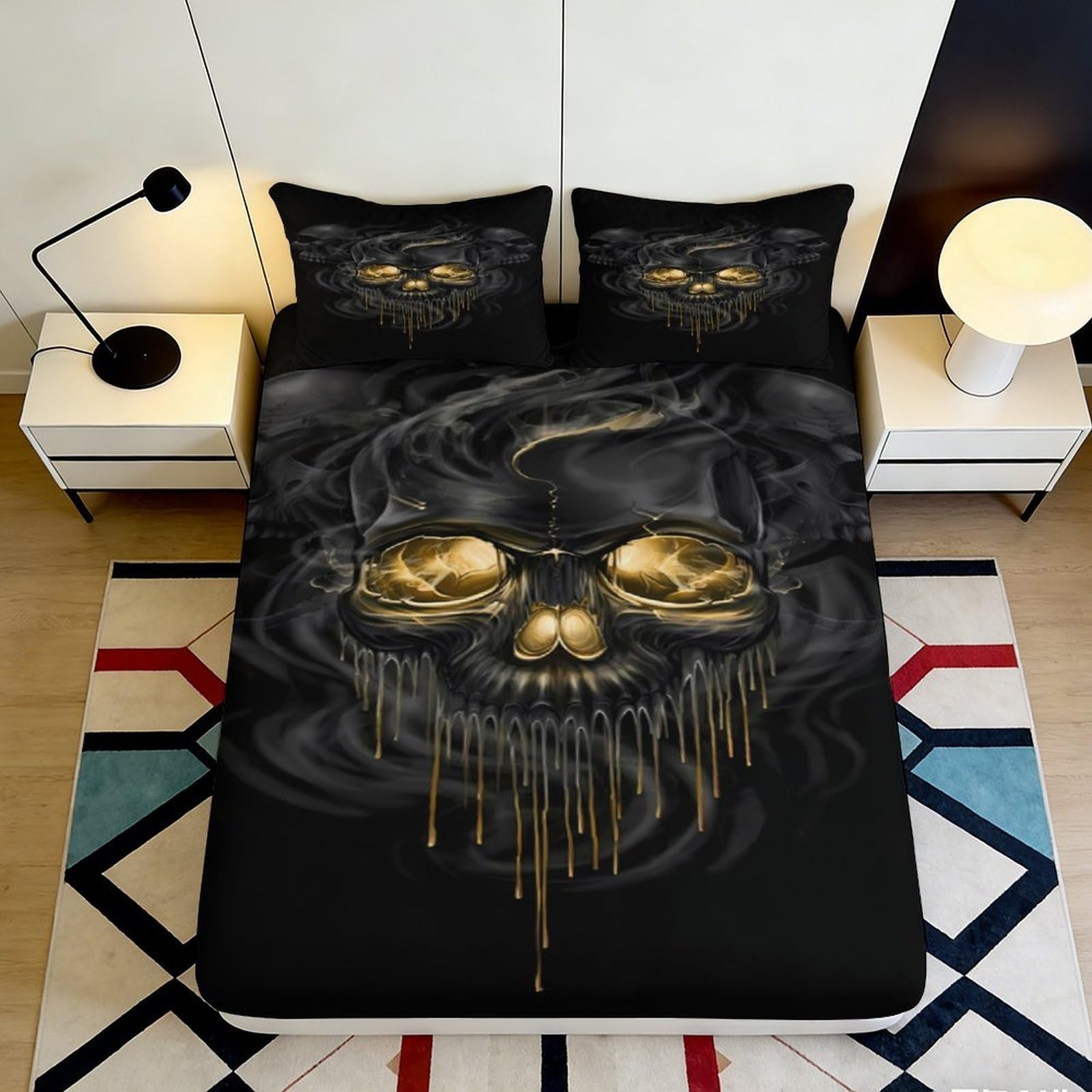 3D Printed Gold Skull Fitted Sheet Microfiber Black Gothic Bed Cover for Bedroom Decor Dustproof Easy Care 90x200x25cm