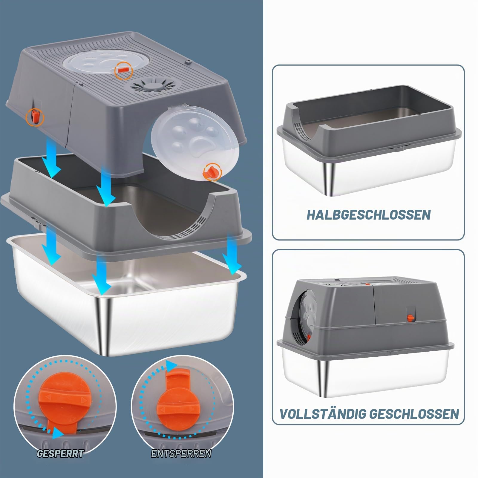 Katzenklo Edelstahl mit Deckel, XXL Katzenklo Große Katzentoilette Edelstahl aus für Große Katzen mit Hohem Rand, Metal Cat Litter Box, Nicht Klebrig (Grau)