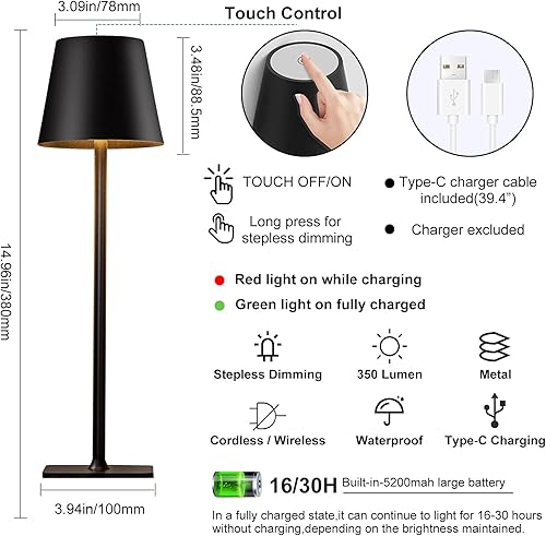 Miniatura 2 de Moderna lámpara LED inalámbrica, lámpara de escritorio negra recargable de 5000 mAh, funciona con pilas, luz de mesa de 3 colores con atenuación de