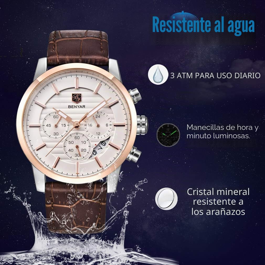 BENYAR Reloj de Pulsera de Cuarzo para Hombres con cronógrafo, Resistente al Agua, diseño de Negocios y Deporte, Correa de Piel…