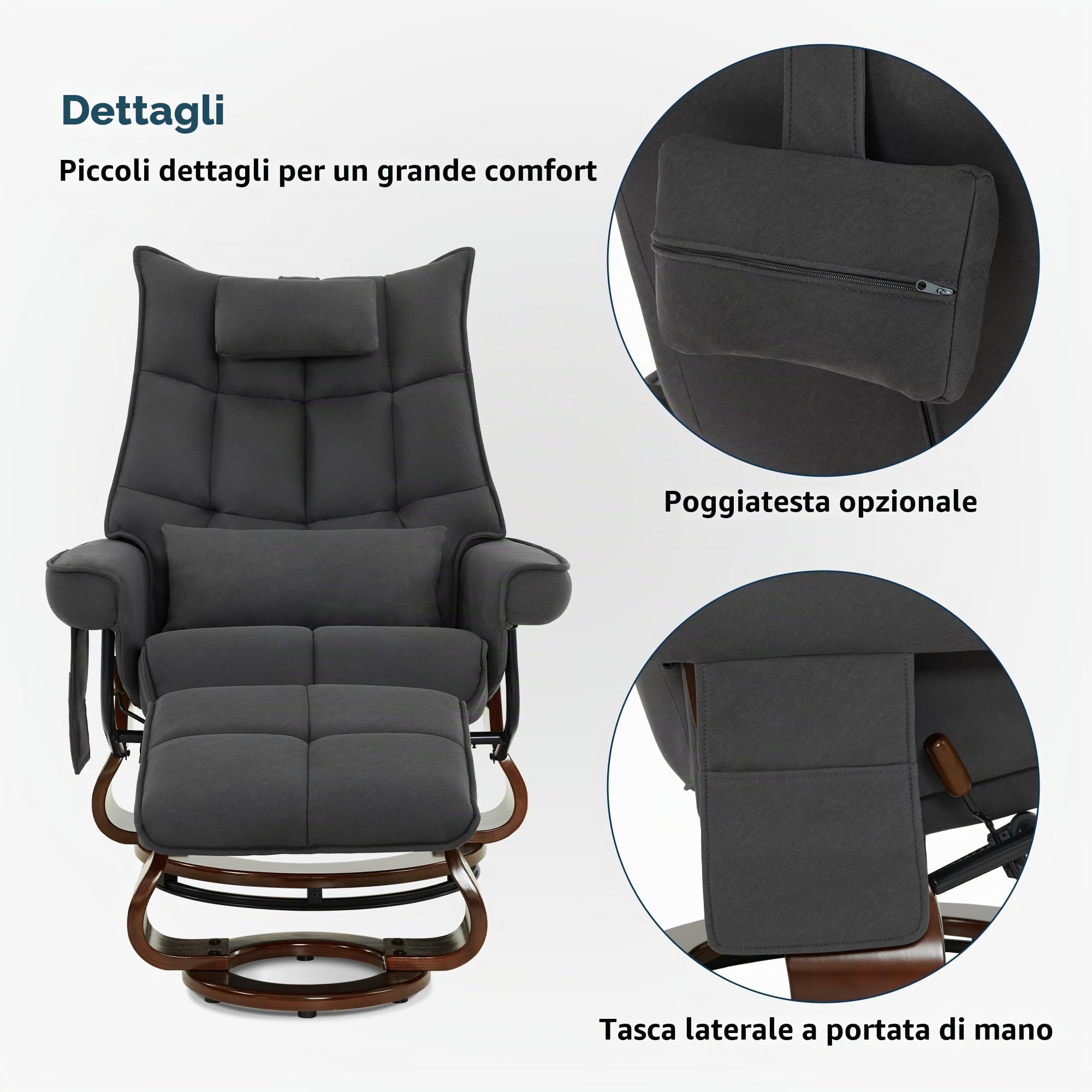M MCombo Poltrona relax con sgabello, sedia per TV girevole con funzione reclinabile, moderna per soggiorno, con cuscino e tasca laterale, 9076 (grigio scuro)