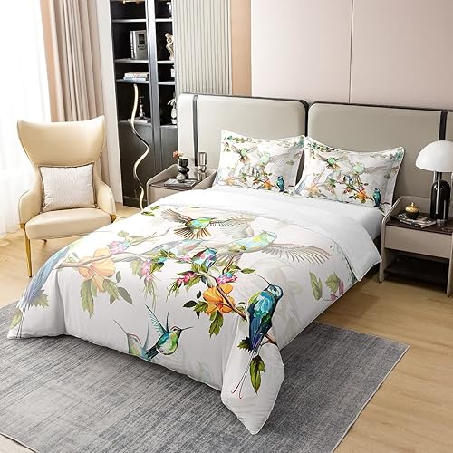 Miniatura 2 de Erosebridal Juego de funda de edredón 100% algodón con diseño de pájaros, tamaño King, color azul, verde, primavera, animales salvajes, botánico,