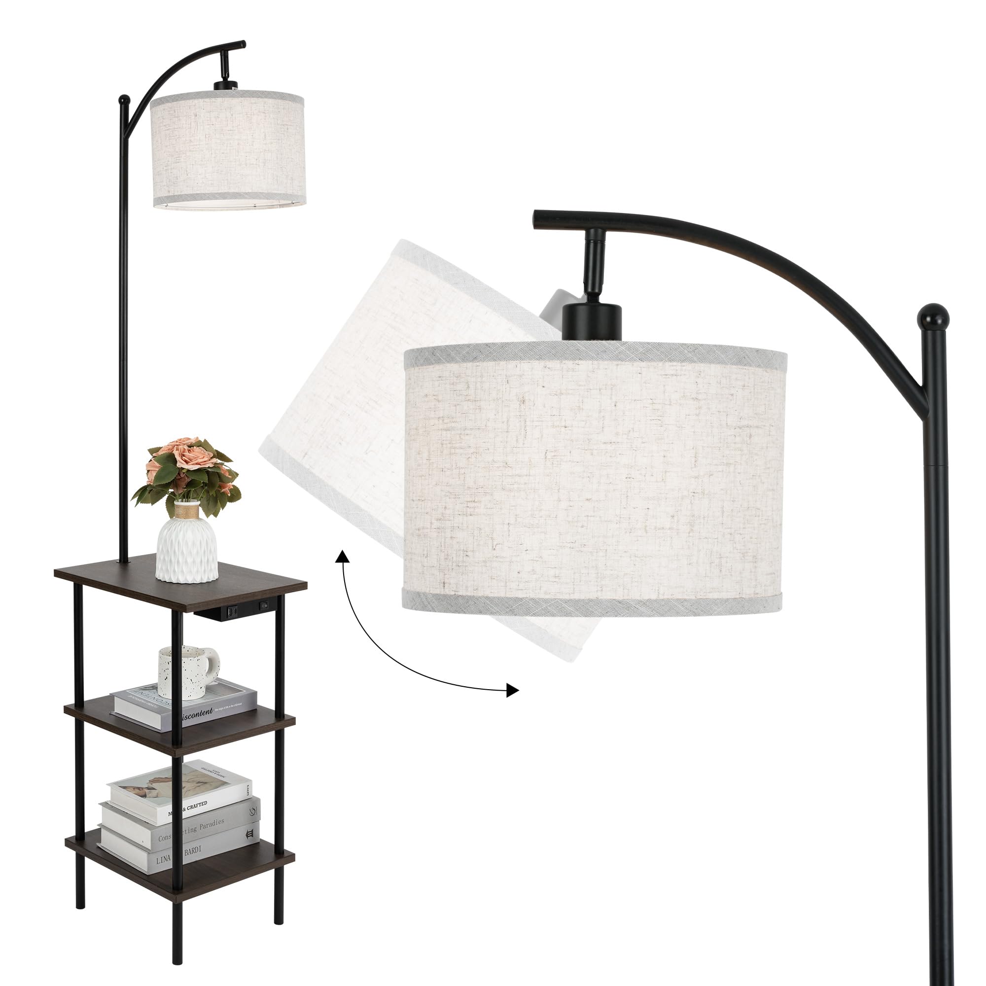 LuminexDesigns Vintage Stehlampe mit Regal, Holz Beistelltisch mit Ladestation, Walnuss Retro Stehleuchte mit 3-Ebenen Stauraum, Schwenkbar, für Wohnzimmer, Schlafzimmer, Ecke, Arbeitszimmer