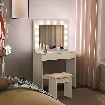 TUKAILAi White Dressing Table Set with Hollywood LED Light Mirror, 1 Large Drawer Vanity Table with Stool Adjustable 3 Color LED Lights Makeup Desk for Bedroom Girls Women