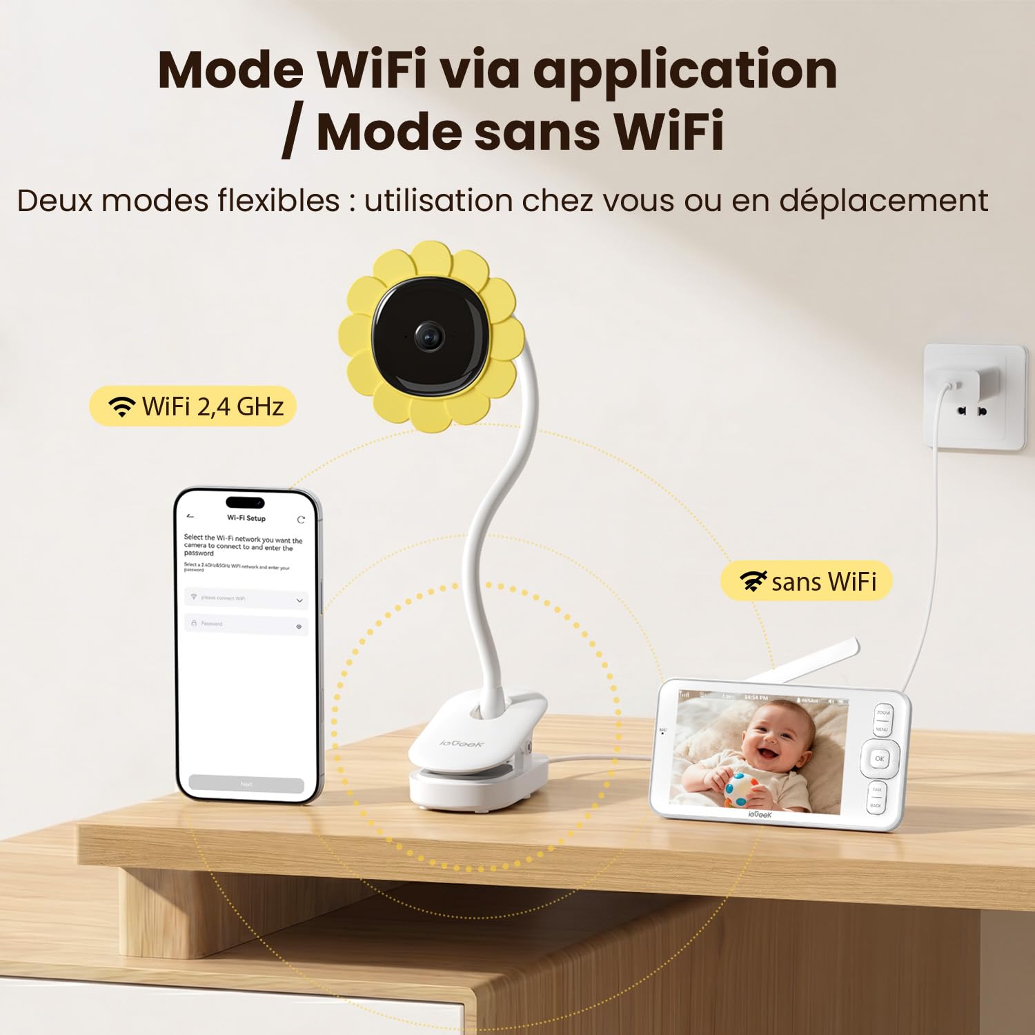 ieGeek 1080P/ 5" Babyphone Caméra avec Support, Camera Bebe Surveillance connecté Smartphone, Alertes Intelligentes/Vision Nocturne/Capteur Température et Humidité