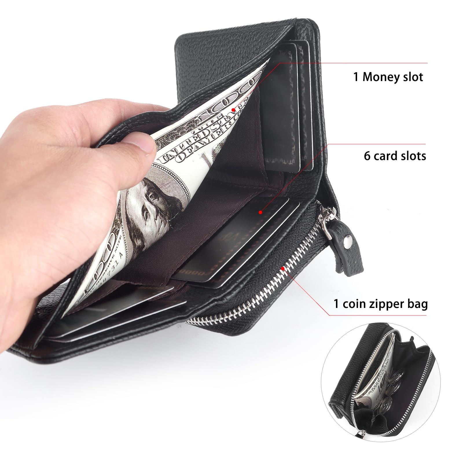 CHAOFANXI Portafoglio Donna Piccolo in Pelle da Donna, Portamonete Piccoli Trifold Piccola Corto Portamonete con 6 Scomparti per Carte con 1 Sezione di Fattura e 1 Tasca con Cerniera, Nero