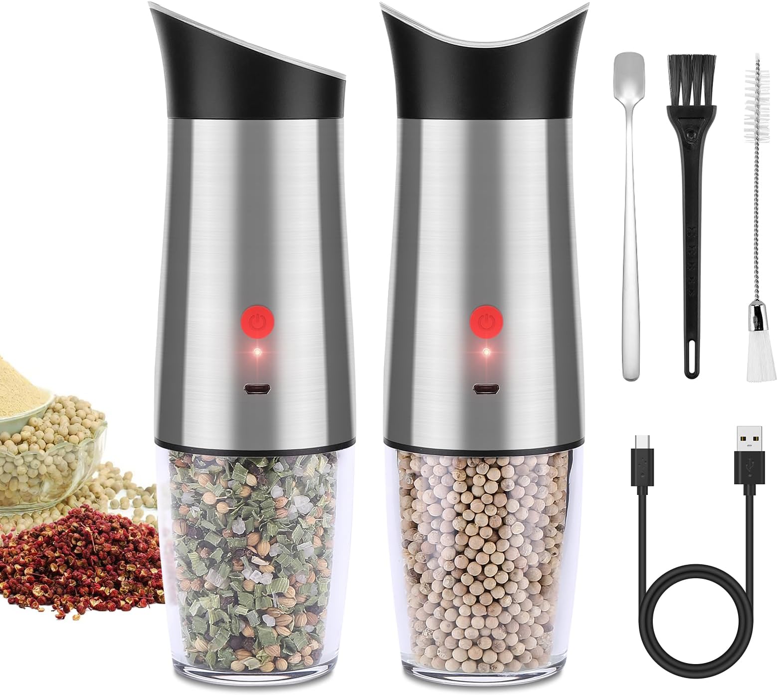 Gravity Electric Salt and Pepper Grinder Set, Rechargeable Salt Pepper Mill Grinder, Electric Pepper Grinder with Adjustable Coarseness, Large Capacity Refillable Spices Mill,LED Light
