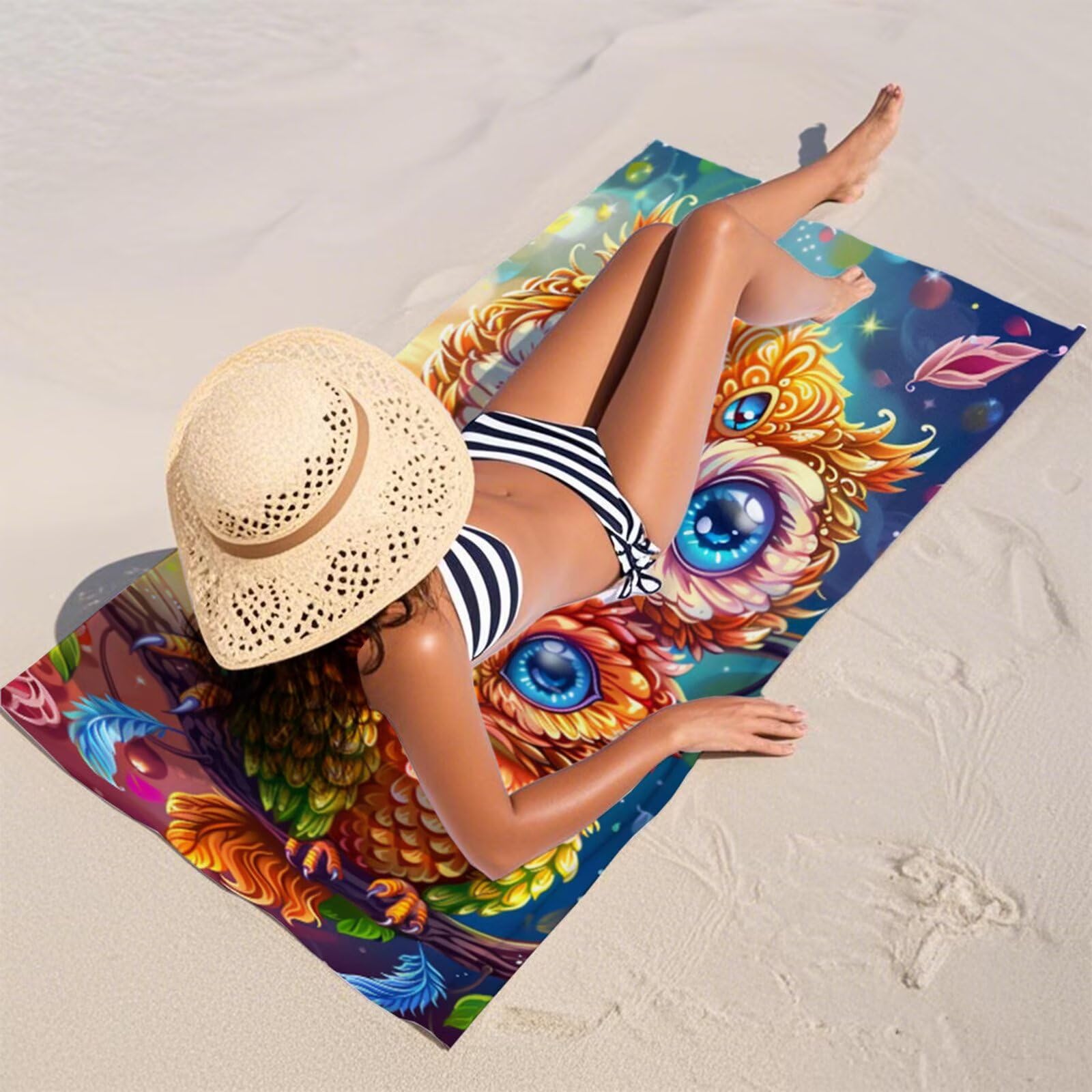 Ręcznik plażowy z motywem sowy z mikrofibry, duży 220 x 100 cm, ręcznik do sauny, szybkoschnący, bez piasku, chłonny ręcznik kąpielowy, nie zajmuje dużo miejsca, podróżny ręcznik na urlop na plaży, Y1