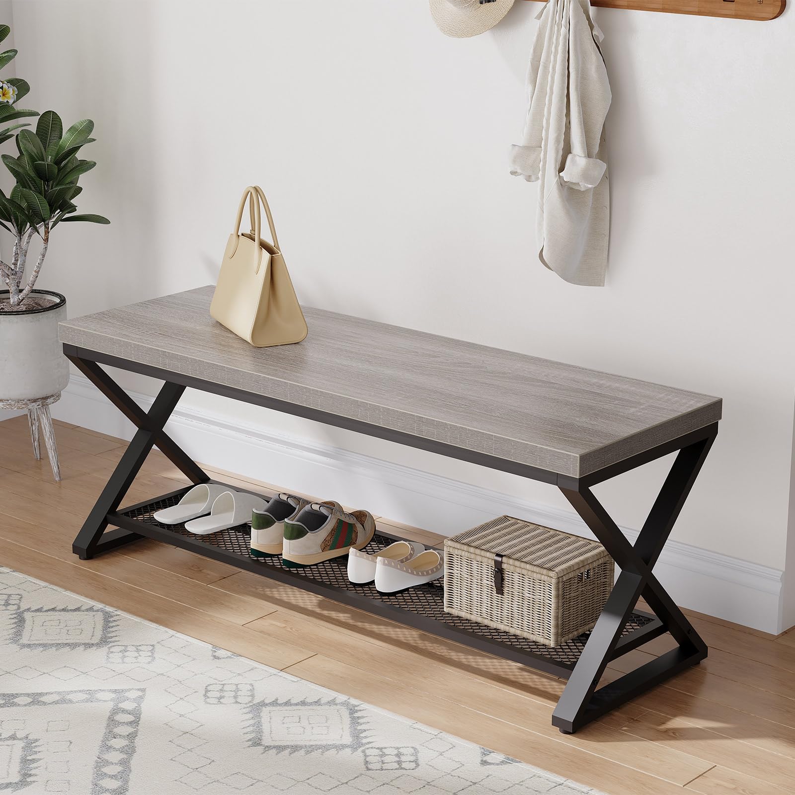 LVB Grey Entryway Bench with Storage, Indoor Shoe Bench with Seating, Modern Storage Benchs for Hallway Foyer Entrance, Wood and Metal Entry Way Shoe Rack Bench for Living Room, Light Grey Oak, 120 cm