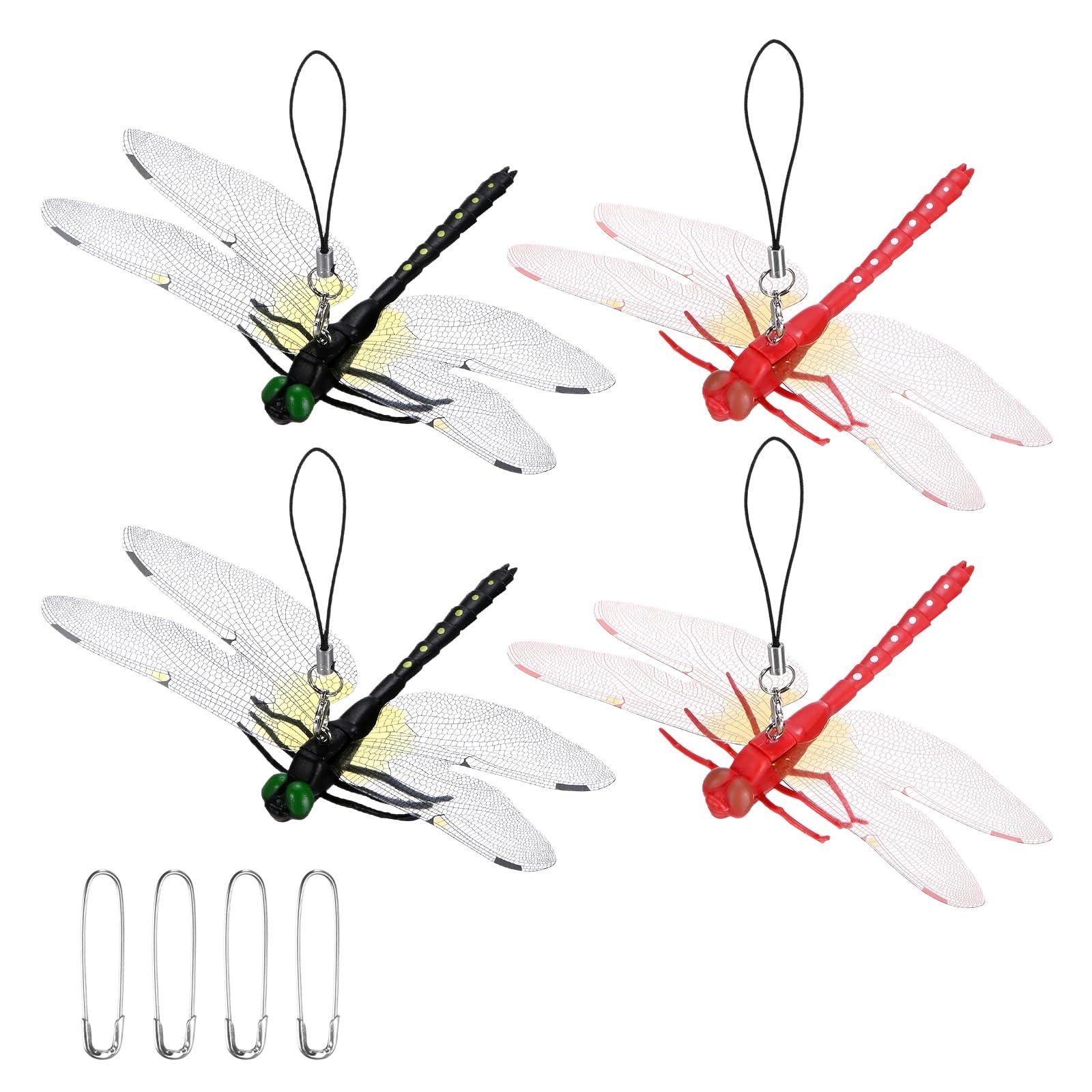M METERXITY 4 PCS Dragonfly Clips, 5.51" x 3.54" 3D Plastic Realistic Dragon Fly with Hanging Rope for Hat/Backpack/Outdoor Garden Stakes Decor/Yard, Fake Clip on Dragonfly Decoy [Black/Red] — image 1