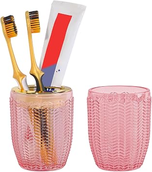 Toothbrush Holders for Bathrooms, Pink Glass Toothbrush Holder with Gold Divider, 10oz Bathroom Tumbler and Mouthwash Cup, Bathroom Storage Cup for Tooth Brush, Toothpaste and Makeup Brush