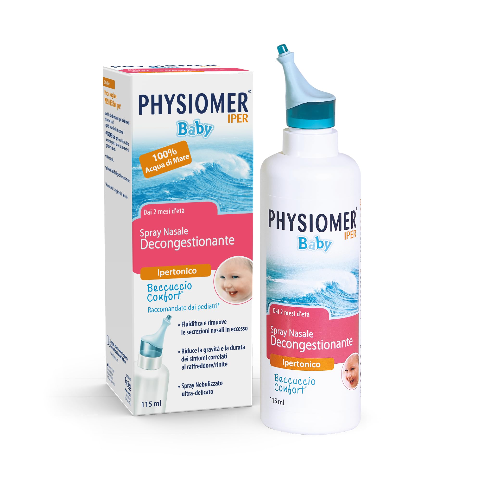 Physiomer® Baby Plus Spray Nasale 115 ml - Congestione Forte - 3in1: Decongestiona │ Allevia │ Ripristina - Acqua di mare pura al 100%│ Elevata concentrazione di Sali │ Dai 2 mesi di età│ Comfort Tip®