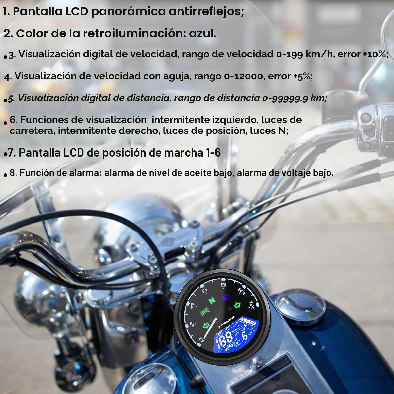 Geloo Velocímetro digital para motocicleta, velocímetro digital, tacómetro 12000 RPM 199 KMH MPH universal para cilindros 1,2,4 con luz indicadora multifunción 12 V