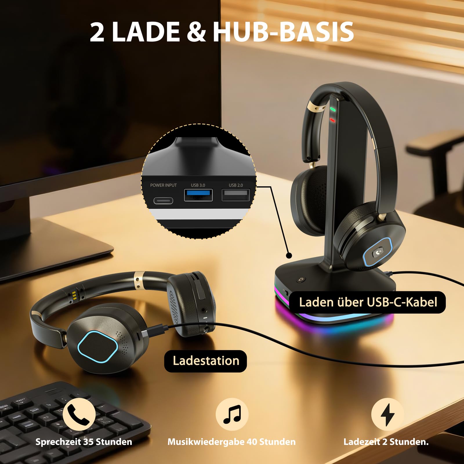 Earbay V6.0 Bluetooth Headset mit Mikrofon, Wireless Headset mit AI Noise Cancelling Mikrofon, RGB-Ladestation, USB-Dongle, 45+ Std. Akku, Wiederaufladbar On-Ear Kopfhörer für Büro, Home, Callcenter