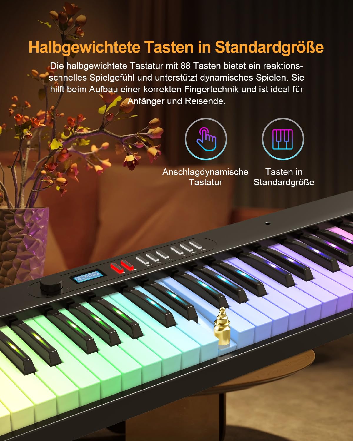 Pianoforte digitale pieghevole, 88 tasti, tastiera semiponderata con tasti luminosi colorati, Bluetooth MIDI E, tastiera portatile per principianti, adulti e bambini