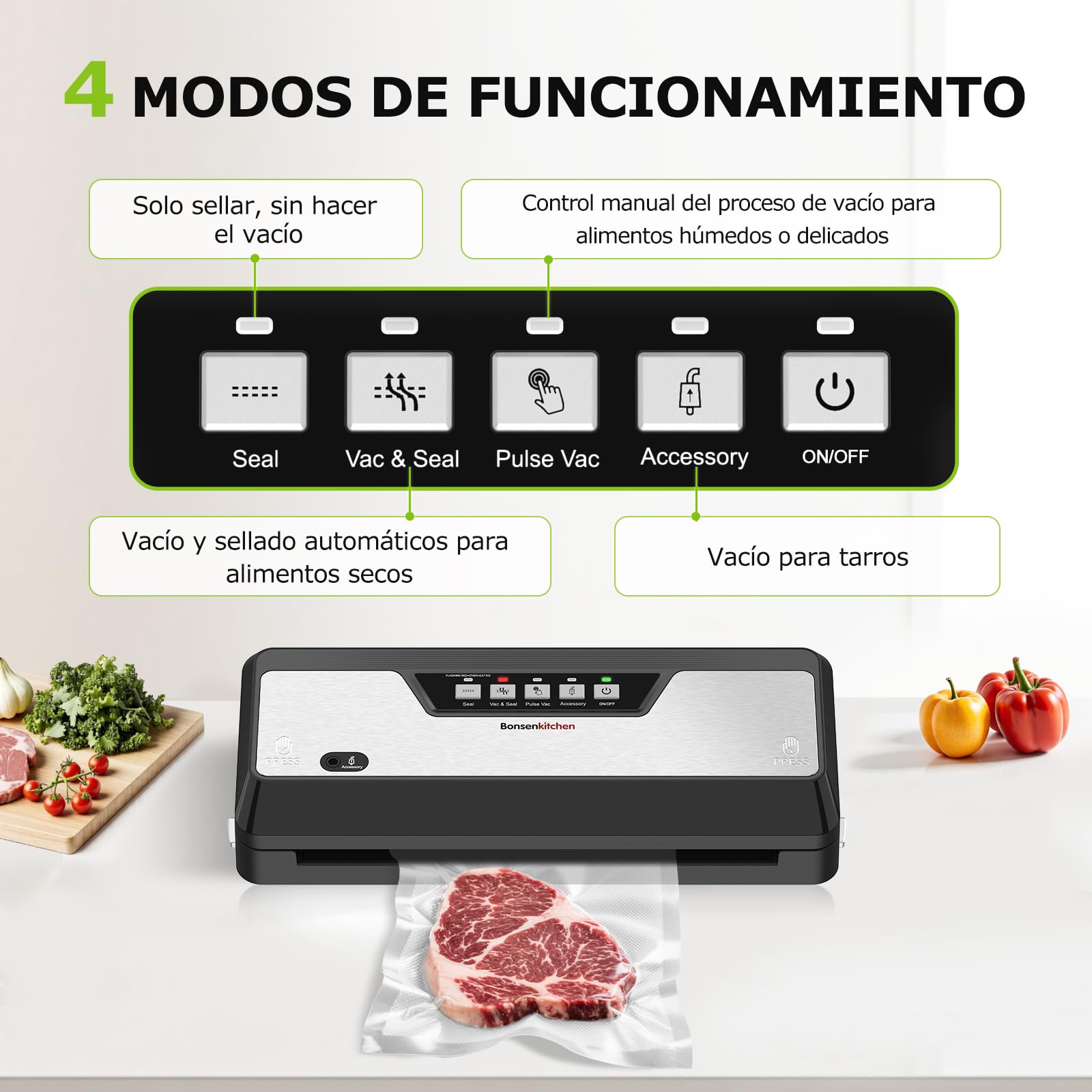 Bonsenkitchen Envasadora al Vacio 125W, Cortador Integrado, VS3019 | 4 Modos de Funcionamiento, Barra de Sellado Ensanchada, Cortador Integrado, 1 Rollo de Bolsas, 5 Bolsas al Vacío