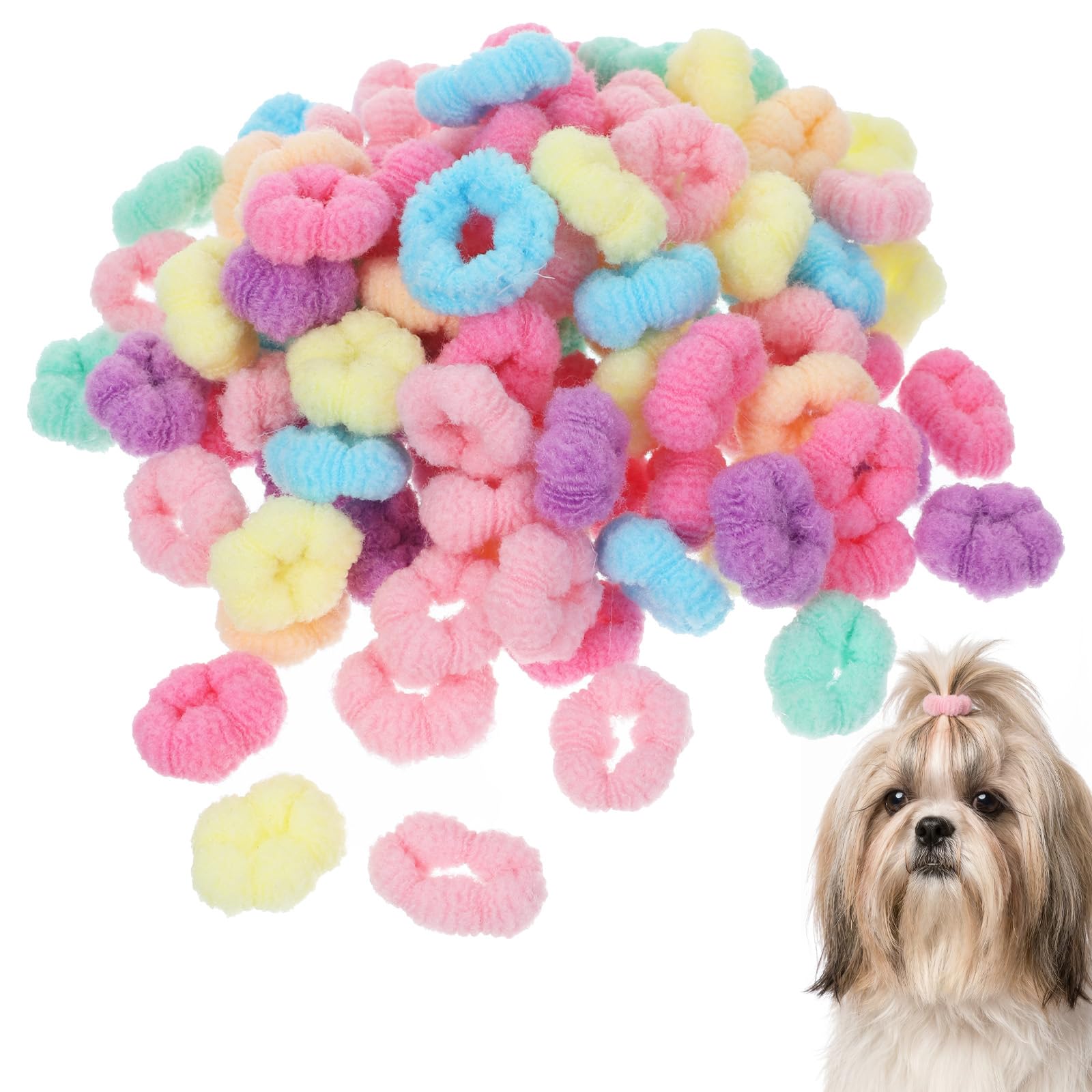 Photo 1 of Dplolng 100 Pcs Dog Hair Ties, 0.8 Inch Mini Elastic Hair Rings for Small Dogs, Colorful Dog Barrettes for Small Dogs Polyester Pet Grooming Scrunchies (Candy Colors)