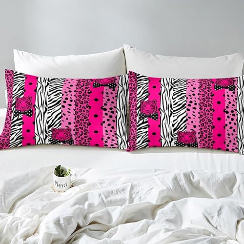 Miniatura 4 de Manfei Wild Tiger - Sábana bajera ajustable tamaño matrimonial, funda de cama con estampado de leopardo rosa con 2 fundas de almohada, juego de ropa