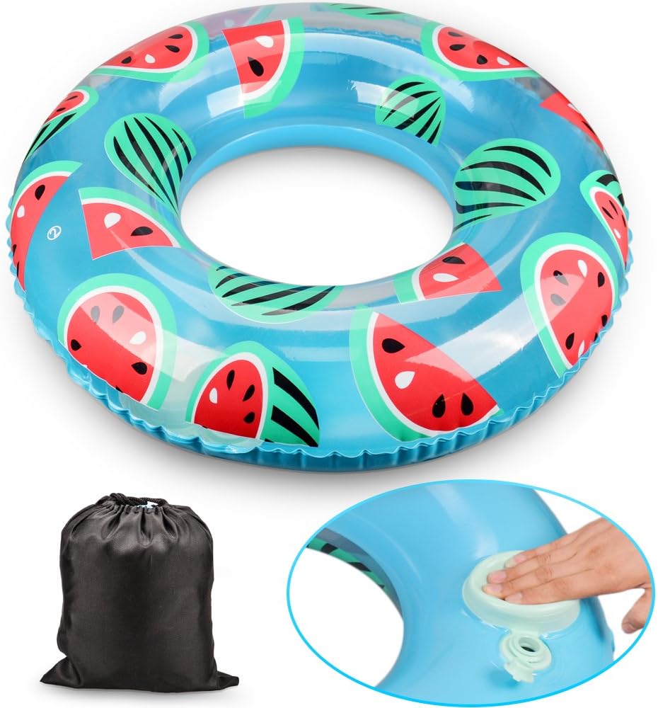 Qoosea Inflatable Swim Ring Pool Float with Integrated Built-in Inflator Toy PVC Inflatable Watermelon Simply Press The Pump inflator by The air-Relief Nozzle Pool-Party Water Fun(Latest Hottest)