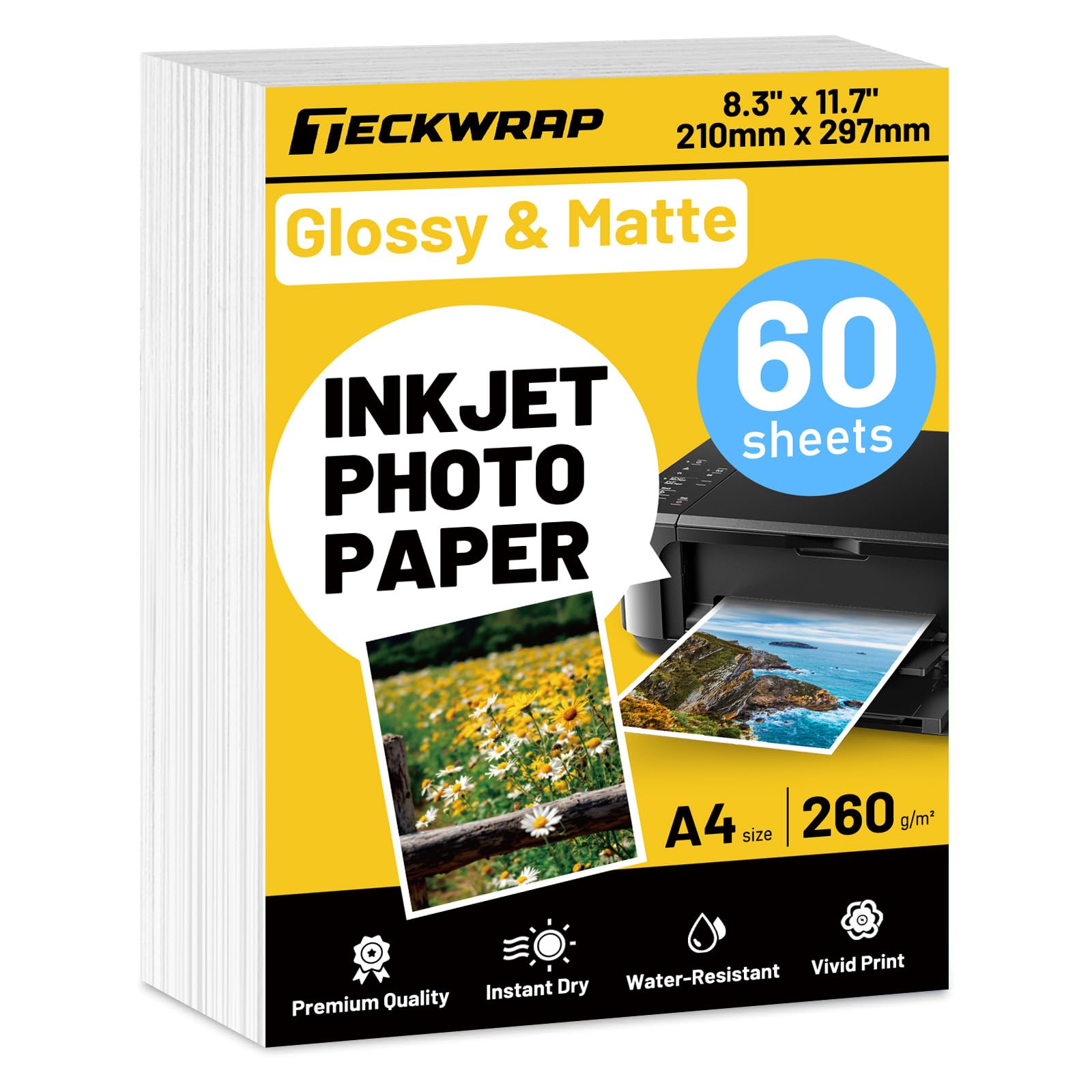 TECKWRAP Inkjet Photo Paper A4, 60 Sheets Glossy & Matte Printable Vinyl, 260gsm for Canon Hp Epson Inkjet Printer for Printing Photos, Brochures, Booklets, Flyers, Leaflets, Cards