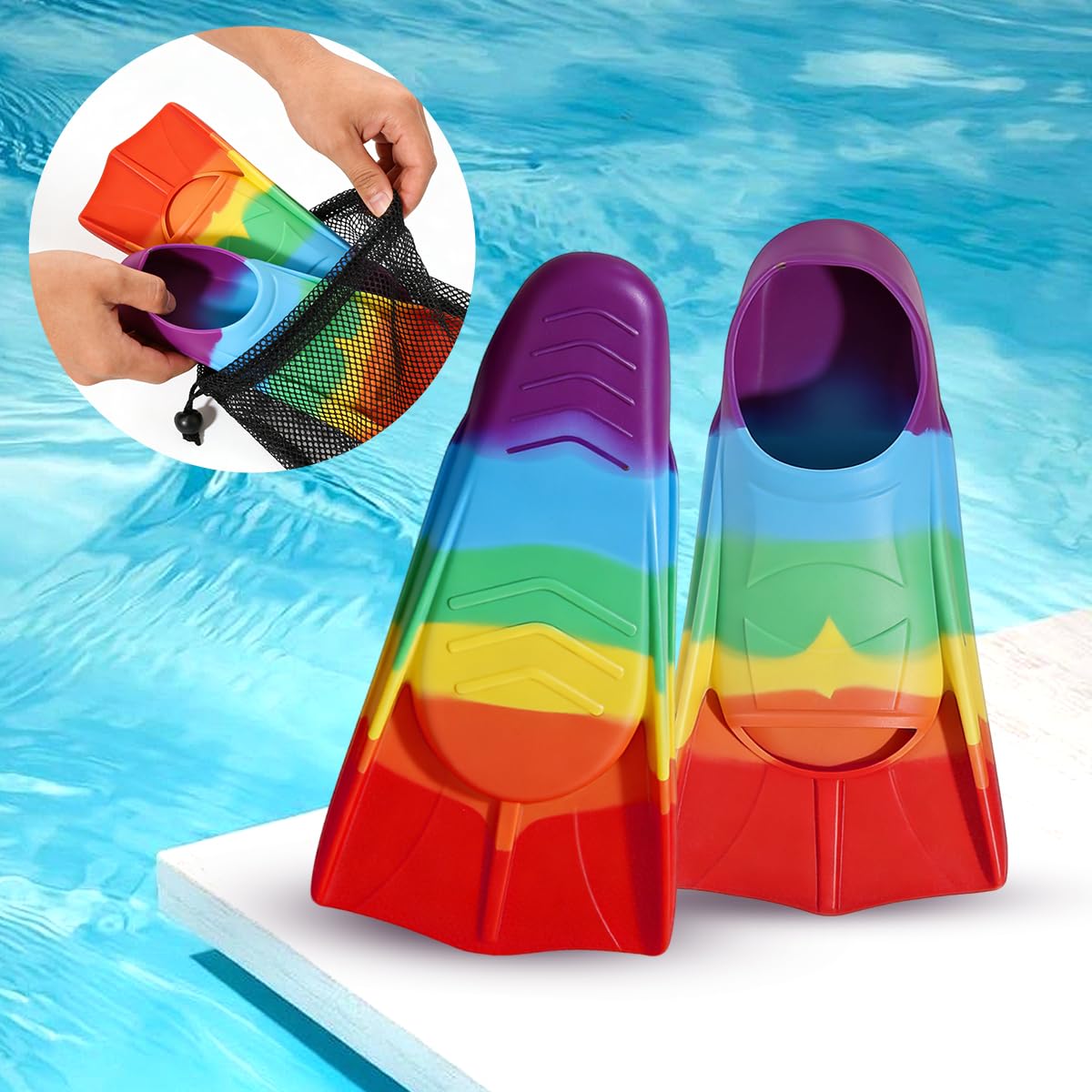 Schwimmflossen Kinder, 100% Silikon Kurzflossen, Taucherflossen Regenbogen Flossen für Training und Lap Schwimmen, Schnorchelflossen für Kinder Mädchen Jungen Anfänger