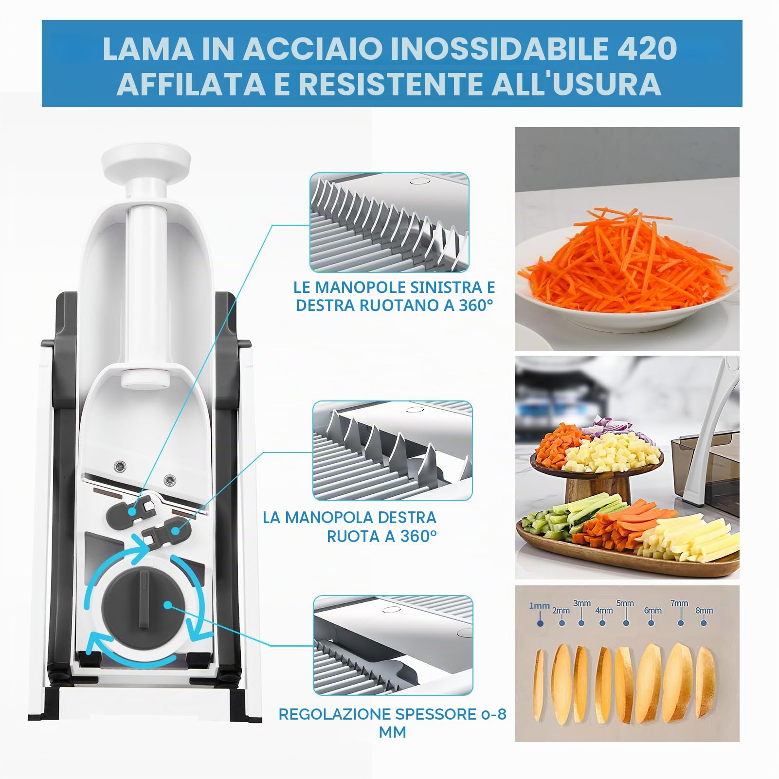 Affettatrice a mandolina sicura e tritaverdure, affettatrice multi patate per cucina, 4 modalità, oltre 100 preset, spessore regolabile, (grigio)