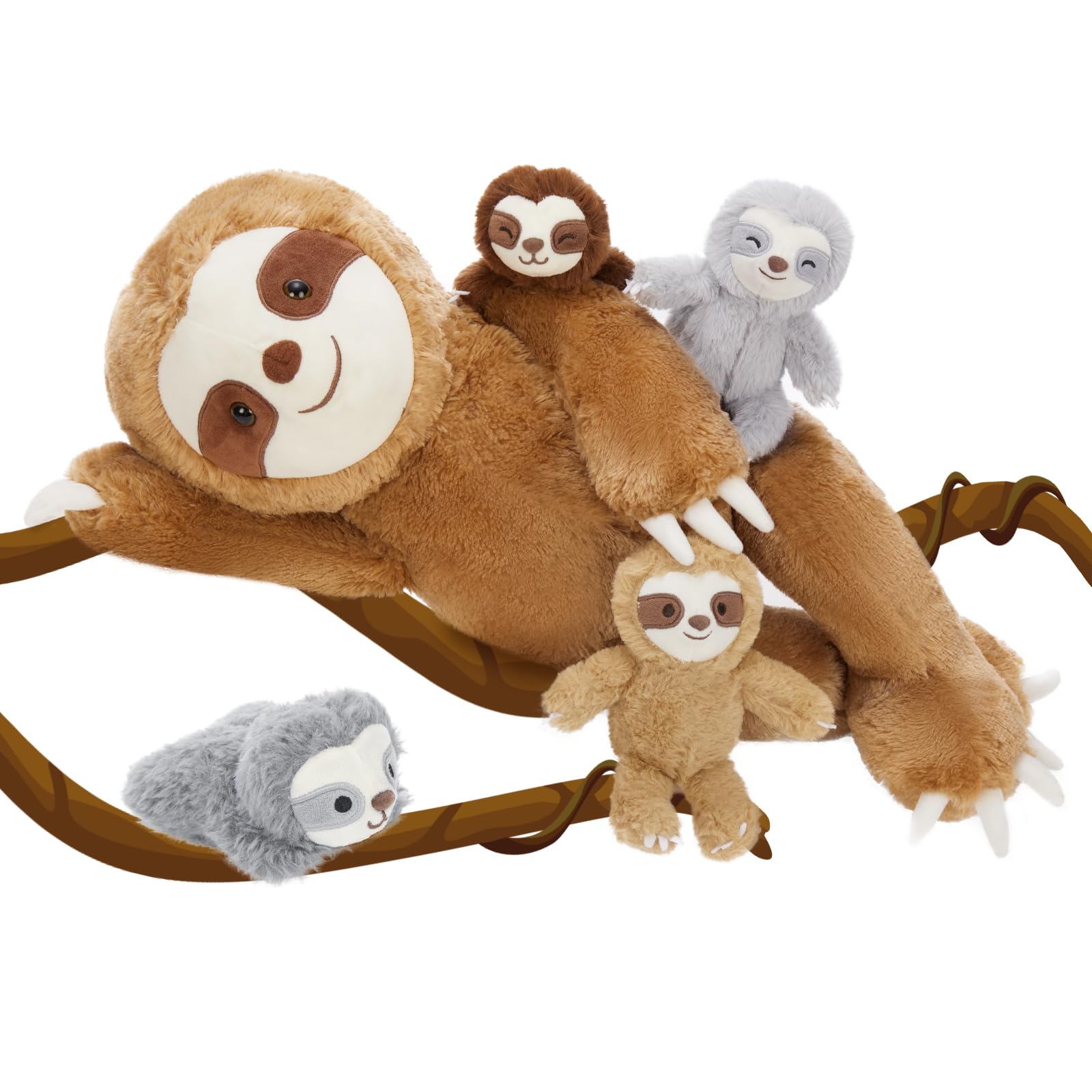 MorisMos Zestaw 5 pluszaków w rozmiarze XXL, 56 cm, olbrzymi leniwiec, przytulanka z 4 dziećmi w brzuchu, duża pluszowa maskotka lalka Slothteddy, prezent dla niemowląt, dziewczynek