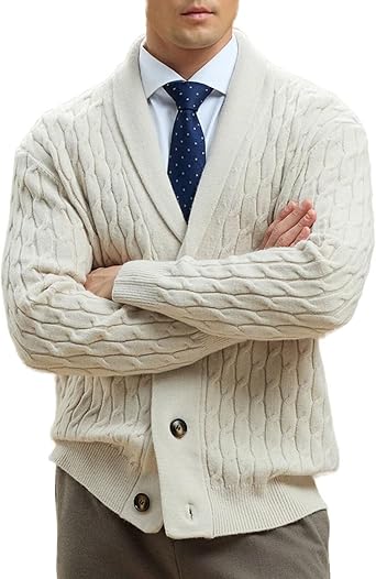 HNVAVQ Mens Cable Knit Cardigan Sweaters Casual Shawl Collar Long Sleeve Button Down Sweaters,100% Cashmere