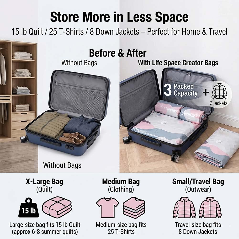 2026 No Pump Large Vacuum Storage Compression Bags, 3-Sec Press & Seal Heavy-Duty Space Saver Bags, Reusable Cube Vacuum Seal Bags for Jumbo Bedding, Comforters, Blankets & Clothes (3PCS,L)